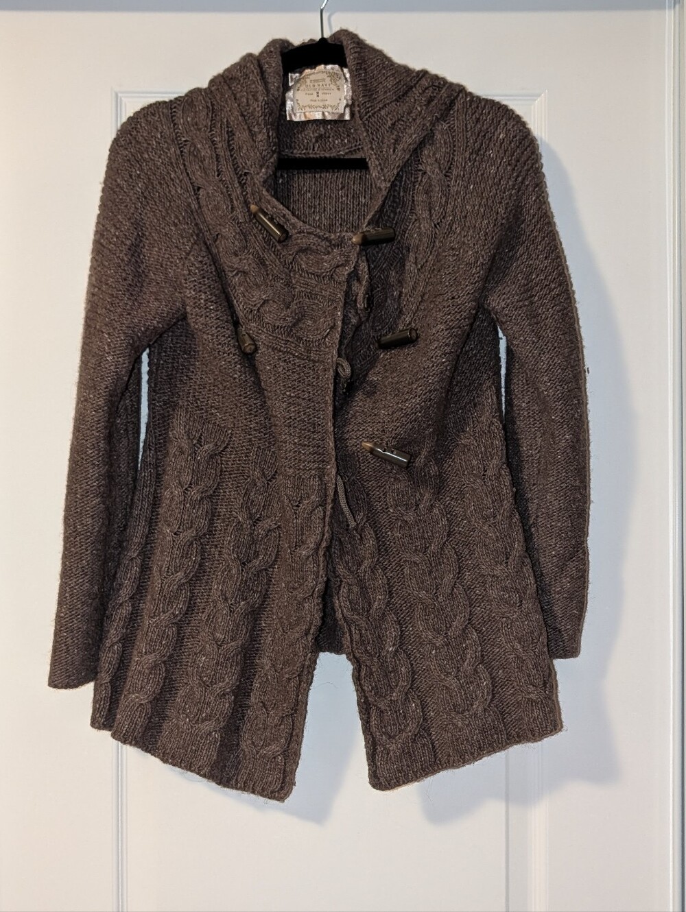 VTG Maternity Brown Chunky Cable Knit Toggle Cardigan Sweater Wool Angora Size M